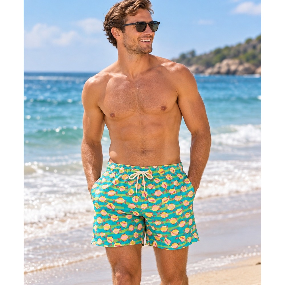 Lilly Pulitzer Men's Capri Trunk Swim Shorts XL Fish Print Blue Green Pink